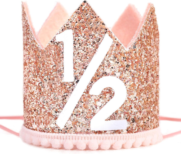 Pink Half Birthday Party Crown - 1/2 Rose Gold Birthday Hat, Happy Birthday Crown for Kids, Party Decorations