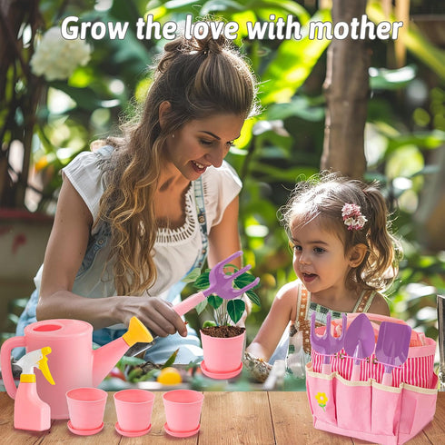 Set, Summer JOI MEW Kids Pink Gardening Tools Garden Toys w/Metal Rake, Shovel, Trowel, Watering Can, Gloves, Tote Bag