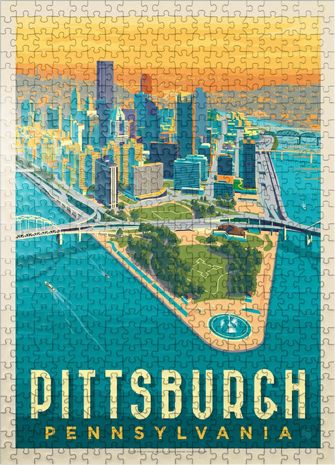 MyPuzzle Pittsburgh, PA Vintage Poster, Bird's Eye View, Premium 500 Piece Jigsaw Puzzle
