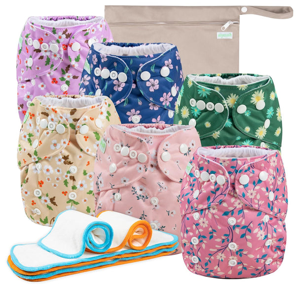 Wegreeco Cloth Diapers 6 Pack with Inserts & Wet Bag, Washable Reusable