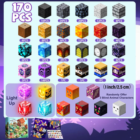 170PCS Blocks,1" 3D Set,SETM 3+ Magnetic Light Up Magnetic Building Blocks, Magnets Cubes for Kids to Build Dark Cave