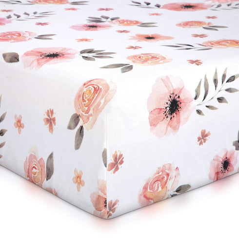Pink Floral Girl Crib Sheet - 100% Combed Cotton, Breathable Watercolor Rose Baby Girl Crib Sheets