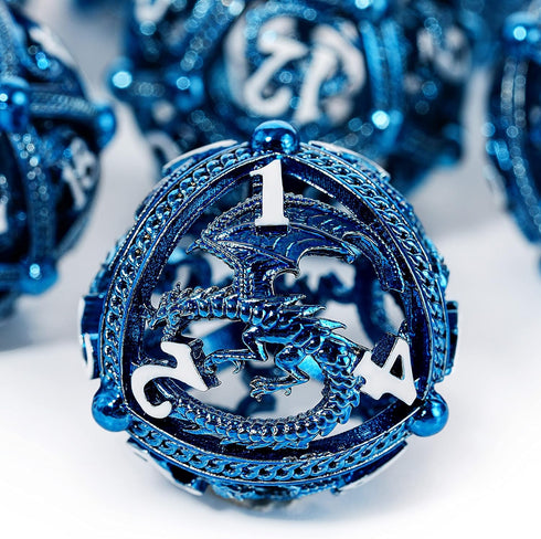 Unique Round Hollow Orb Metal DND Dice Set for Role Playing Games (RPG) - Stunning Blue Dragon Dice