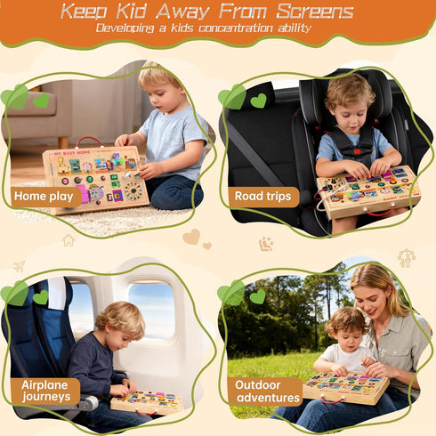 1-3, 1+ flycoost My Busy Home Montessori Busy Board for Toddlers Wooden Sensory Activity Board with Switches, Lights