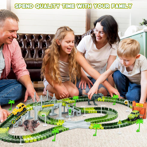 Dinosaur Tracks 271 PCS Set - Create a Dinosaur World Road Race with 2 Cars and 2 Dinosaur Toys for Ages 3-8