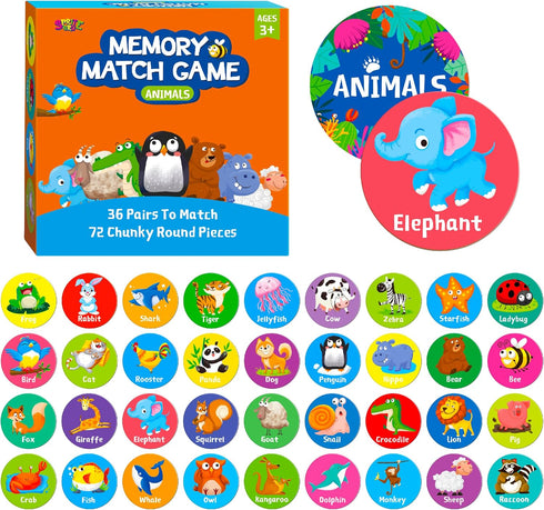 SpriteGru Memory Matching Game - 72 PCS Animal Matching Cards for Toddlers, 36 Pairs for Ages 4-6