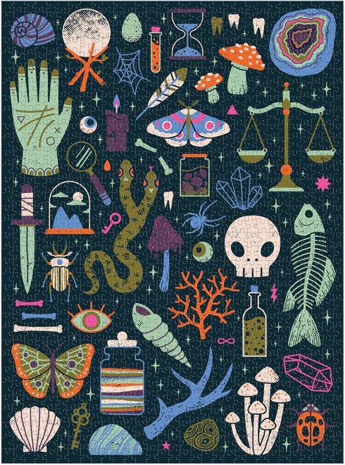 Galison Occult and Curious – 1000 Piece Glow in The Dark Jigsaw Puzzle of Creepy and Spooky Objects