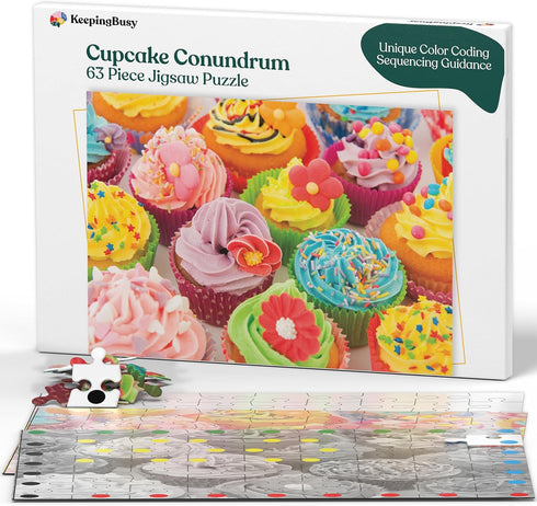Keeping Busy Dementia Puzzles for Seniors, Cupcake 63 Piece Puzzle, Color Coded with Templates