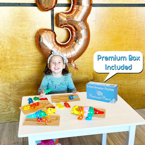 MONTESSORI MAMA Toddler Puzzles - 5-Pack Dinosaur Puzzle for Kids Ages 3-5, Wooden Montessori Toys for 3 Year Olds