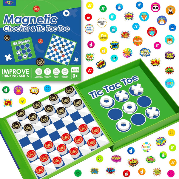 2 in 1 Checkers Set, Magnetic Game Board -Checkers & Tic-Tac-Toe, Thick