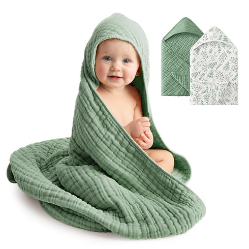 Baby Bath Towels, 100% Muslin Cotton Hooded Baby Towels for Newborn, 2