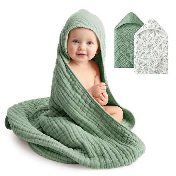 Baby Bath Towels, 100% Muslin Cotton Hooded Baby Towels for Newborn, 2