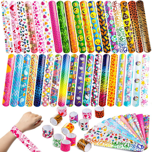JOYIN 60 Pcs Slap Bracelets for Kids, Bulk Wristbands with Animals, Friendship, Heart Print for Easter Party Favors
