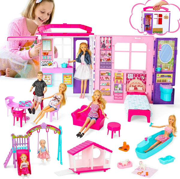 Doll House Portable & Foldable Dollhouse with 60+ Pcs & 2 Dolls, Playhouse Toy for Kids