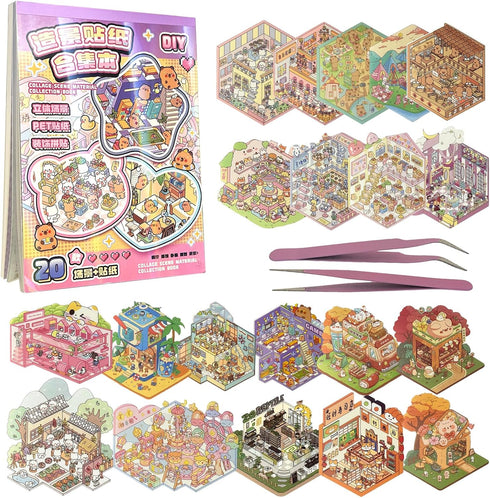 Fieoriia 3D Sticker Book Scene, 20 Sets DIY Miniature World Craft Kit, Art