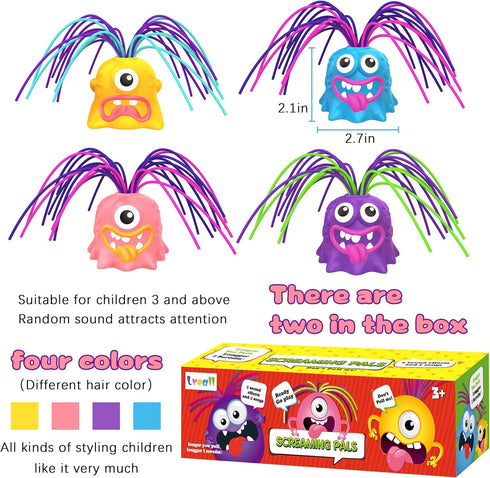 4PCS Fun Hair Pulling Fidget Screaming Monster Toys, Anti-Anxiety Novelty Toys for Kids 3-7+ Boys Girls