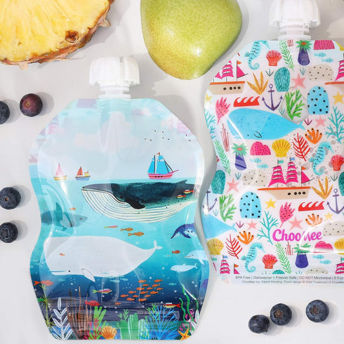 ChooMee Reusable Baby Food Storage Pouches, 8 oz | Ideal for Baby food, Smoothies and Purees | Secure Double Lock Zipper, Wide Bottom, BPA Free | SnakPack SeaLife 6 CT