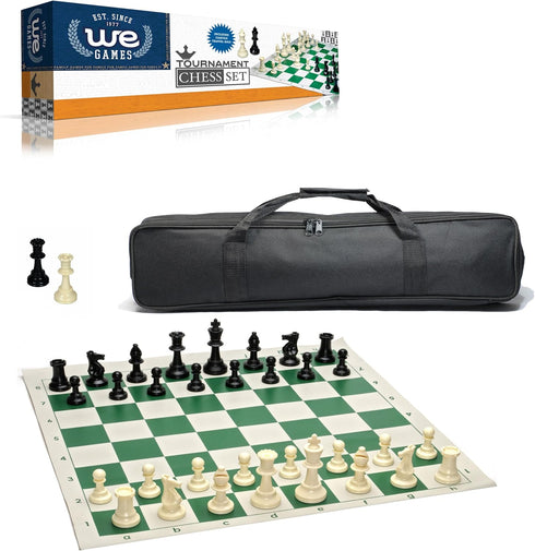 WE Games Complete Tournament Chess Set with Plastic Pieces, Green Roll-up Board & Travel Bag