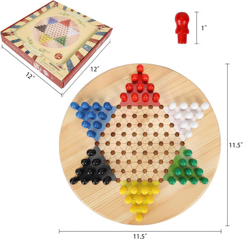 11.5 Inches Set 60+6 Gothink Chinese Checkers Board Game, Classic Game Board - Premium Solid Wood pcs Colorful Pegs