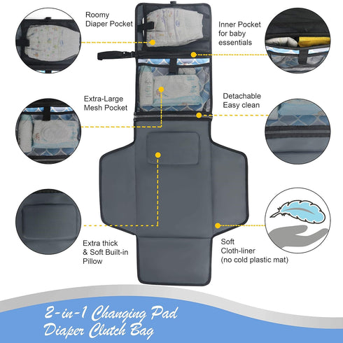 Portable Diaper Changing Pad, Thick Soft Cushion Pillow, Travel Baby Mat Diaper Clutch Bag with Detachable Wipes Pockets