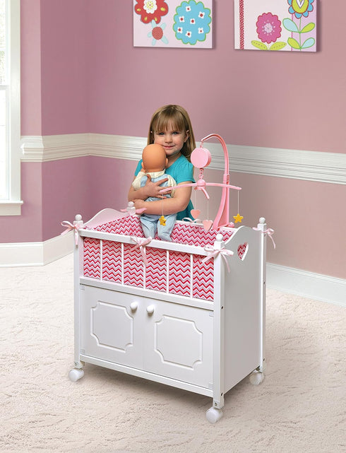 Toy Doll Bed with Storage Cabinet by Badger Basket, Chevron Bedding for 22 inch Dolls