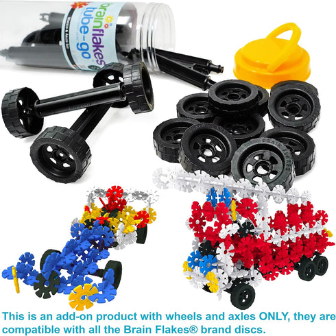 VIAHART Brain Flakes Tube-Go Set Add-On, 16 Wheels and 8 Axles, Build Cars and Trucks, Great STEM Toy