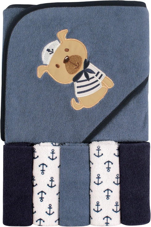 Luvable Friends Unisex Baby Hooded Towel, Dog, with Five Washcloths, One Size
