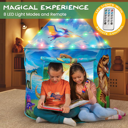 W&O Dino Paradise Play Tent with Roar Button, Dinosaur Toys and LED Lights - Epic Pop Up Tent for Boys & Girls