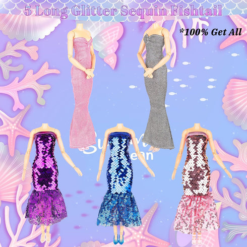 Glitter Sequin Mermaid Doll Clothes and Accessories - 12 Sequin Sparkly Glitter Party Club Dress, 2 Different Crown Ornament and 3 Beautiful Necklace, 2 Wide Bracelets, 10 Shoes, 29 Gift Set