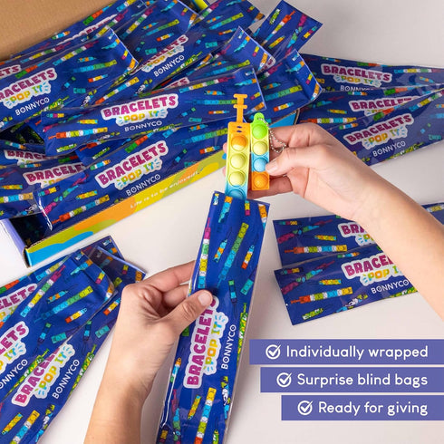 Pack 30 BONNYCO Pop It Bracelets and Keychains Kids Party Favors. Goodie Bags Stuffers for Kids, Fidget Toys Pop Its