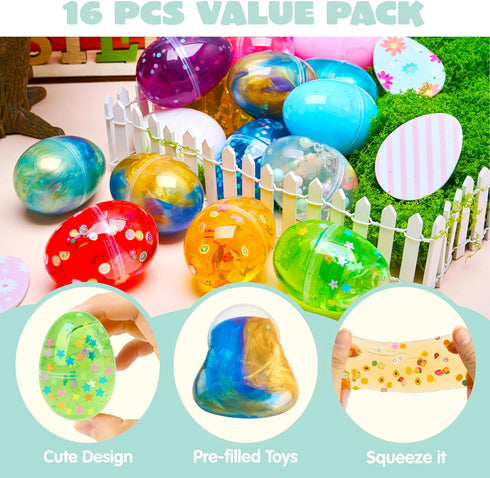 16 JOYIN Pcs Prefilled Easter Eggs with Crystal, Galaxy, Slime and Confetti Stress Relief for Kids Easter Party Favors