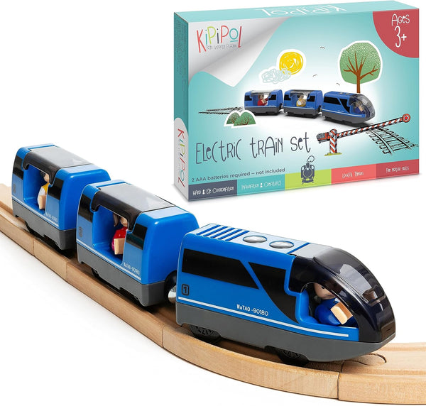Battery Operated Action Locomotive Toy Train Set for Wooden Tracks, Compatible with Thomas & Brio for Toddlers 3-5+