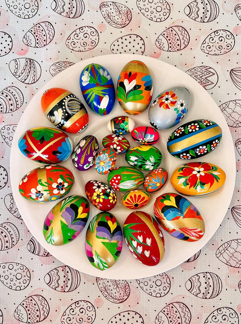 Importer AM Set 6 Polish Easter Hand Painted Wooden Eggs (Pisanki) Decorative Eggs for Easter of Medium Eggs