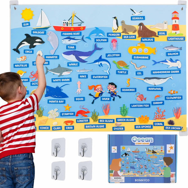 BONNYCO Felt Board for Toddlers with 107 Sea Animals Figures. Montessori and