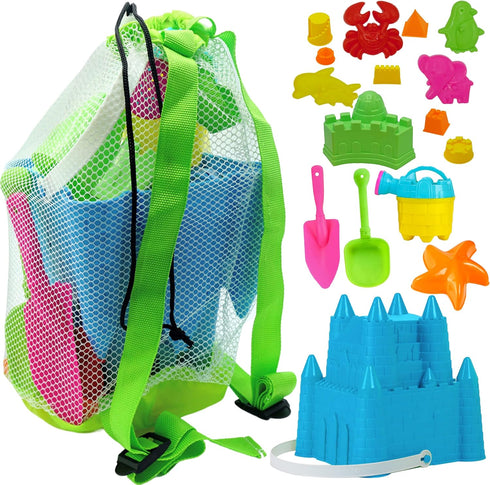 4E's Novelty Beach Toys for Kids with Bag, 17 Pcs Set Castle Beach Bucket with Shovels & Molds for Ages 3-10