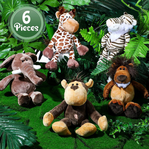 6 Set Zhanmai Pieces Safari Stuffed Animals Plush Jungle Toys for Boys Girls, Lion Elephant Zebra Giraffe Tiger Monkey
