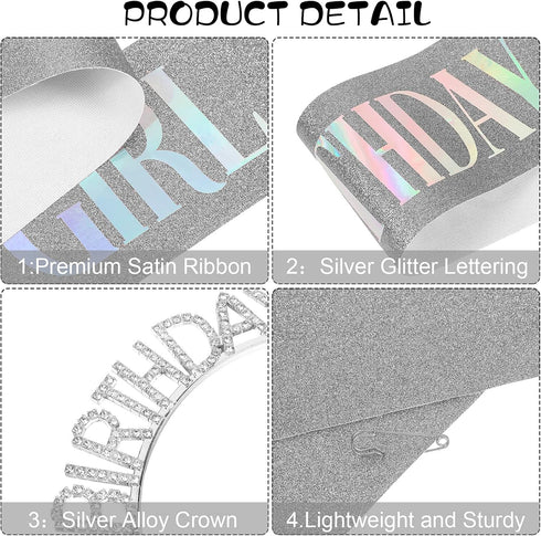 WILLBOND Glitter Birthday Sash, Tiara and Rhinestone Headband Set - Cake Topper Birthday Accessories (Silver Color)