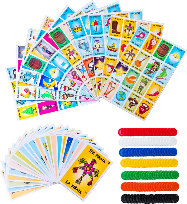 Mexican Bingo Game Kit - Bilingual for 10 Players with 1 Deck of Cards, Boards, and 140 Bingo Chips for Family Learning
