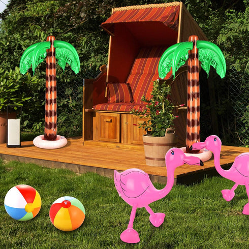 meekoo 6 Pieces Jumbo Inflatable Palm Trees, Coconut Trees, Pink Flamingos, Colorful Beach Balls for Hawaii Luau Party