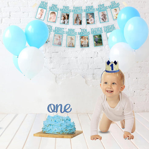 PartyHooman 1st Birthday Photo Banner for Baby, Monthly Milestones Garland for Boys, Pre-strung with Frame (Blue)