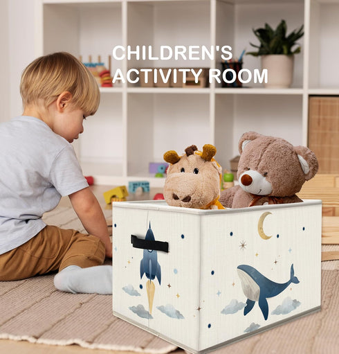 FDHSPAAM Outer Space Rocket Whale Nursery Storage Bins Box with Handles, Cosmic Galaxy Planet Star Moon Collapsible