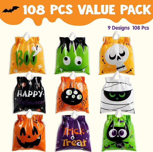 JOYIN 108 PCS Halloween Drawstring Treat Bags with 9 Character Designs, Mini Goodie Candy Bags for Kids Trick or