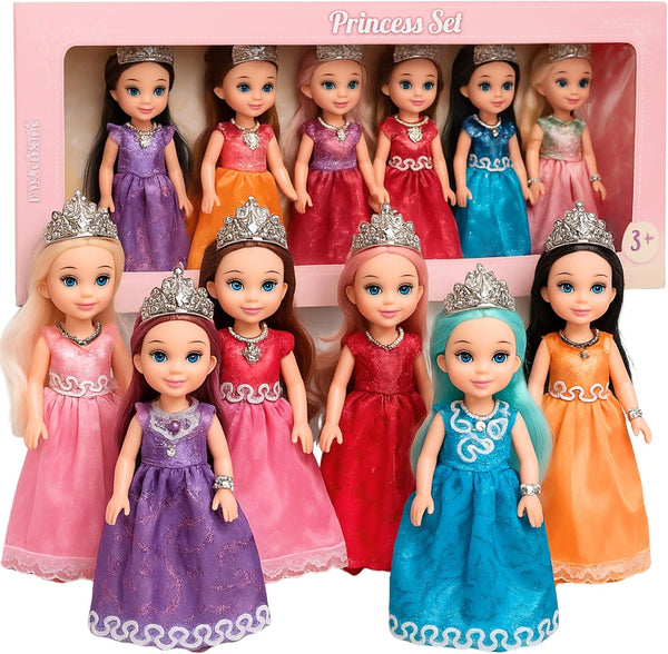 TOMLEON Princess Dolls Playset 6 Mini Princess Dolls with Colorful Gowns, Crowns