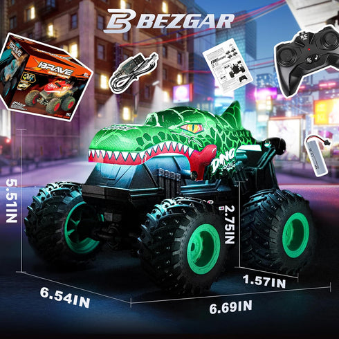1:20 360 4-7 BEZGAR Monster Truck Toys - Remote Control Monster Truck with Light & Music, Dinosaur Toys for Kids, Scale