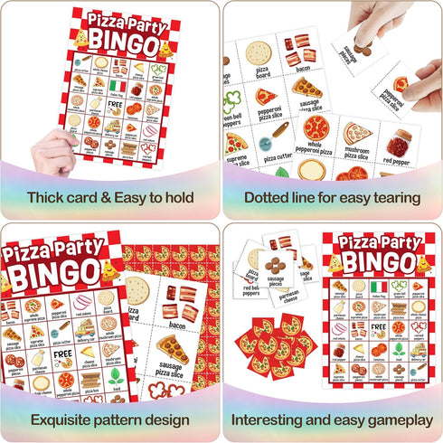 Mueddur Set 24 -05 Pizza Party Bingo Card, Pizza Bingo for Adults Large Group Family Friends, Sleepover Party Game