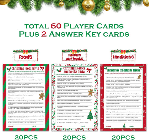 62 Pieces Christmas Trivia Party Game Cards for Adult Annual Festive Events and Christmas Party Decorations