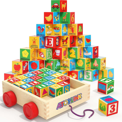 Atoylink ABC Wooden Building Blocks - 30 Pcs Alphabet & Number Stacking Toys with Storage Pull Toy Car for Toddlers 1-3