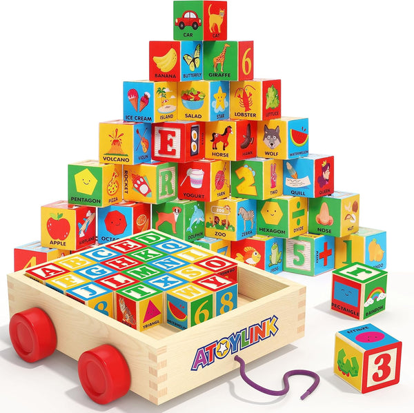 Atoylink ABC Wooden Building Blocks - 30 Pcs Alphabet & Number Stacking Toys with Storage Pull Toy Car for Toddlers 1-3