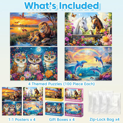 Jeacirio 4-Pack 6-8 8-10 100 4-6, Puzzles for Kids Ages Year Old - Lions Horses Owls Dolphins, Large Piece Puzzles