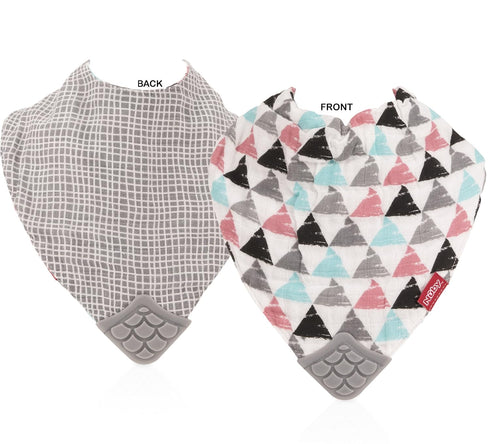 Nuby Reversible 100% Natural Cotton Muslin 3 Piece Teething Bib, Grey/Red/Blue, Arrows/Stripes/Elephants